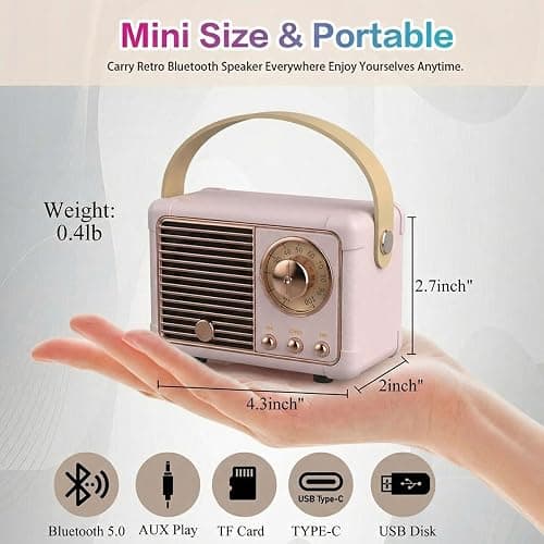 Dosmix Retro Bluetooth Speaker, Vintage Mini Wireless Speaker for Bedroom Desk Kitchen Office, Cute Portable Speaker for Room Decor, Small Bluetooth Speaker for iPhone Android, Gift for Women Girls thumbnail 4