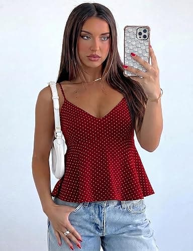 Lingswallow Women's Polka Dot Top Babydoll Tank Top V Neck Top for Summer | Retro Polka Dot, Cropped Babydoll, V Neck Camisole, Flowy Pleated Peplum Hem, Adjustable Shoulder Straps, Daily Casual Wear thumbnail 6