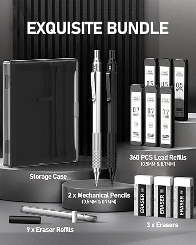 Four Candies 2PCS Metal Mechanical Pencils Set with Case, 0.5mm & 0.7 mm Artist Pencil with 6 Tubes (360PCS) HB Lead Refills, 3 Erasers,9 Eraser Refills For Writing Drafting, Drawing, Black&Silver thumbnail 10