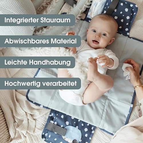 emma & noah Wickelunterlage für Unterwegs, 82x52 cm (gefaltet 25x18 cm), Abwaschbar, Wickeltasche mit Windeltasche für den Kinderwagen, Organizer für Windeln und Feuchttücher (Check Smile) thumbnail 3
