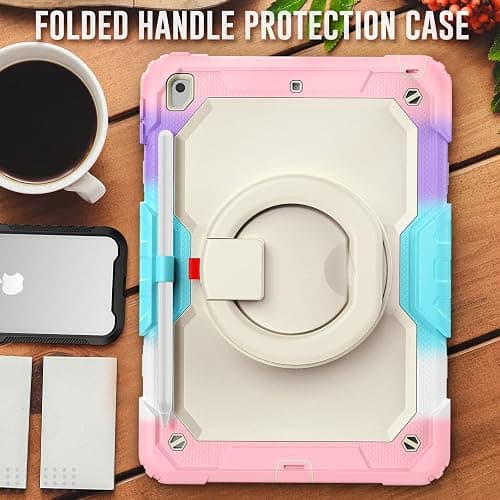 SEYMAC stock Shockproof Tablet Case for iPad 9th/8th/7th Generation 10.2 inch, Full-Body Drop Protection Case with Pencil Holder & [360 Ring Handle Stand] Screen Protector (Colorful Pink) thumbnail 7