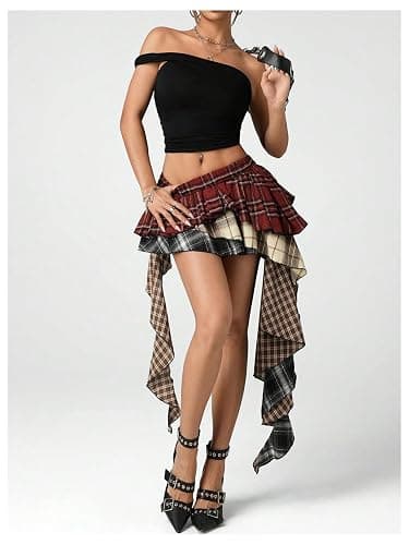SOLY HUX Women's Plaid Skirt Y2k A Line Layered Asymmetrical Hem Ruffle Mini Skirts with Shorts Underneath thumbnail 5