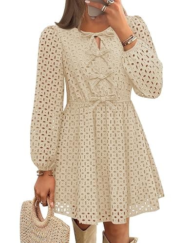 ZESICA Womens Fall Cute Hollow Out Long Sleeve Mini Dress | Crewneck, Tie Front, Eyelet Babydoll Dress, A-Line Short Dress, Casual Party Dress - Image 1