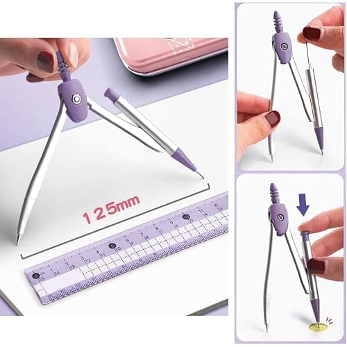 8 Pcs Purple Geometry Set Cute Compass Set with Maths Protractor Rulers, Math Set for Drawing Measuring Tools, Kawaii Ruler Kit for Class Women Girls School Supplies (Purple) thumbnail 3