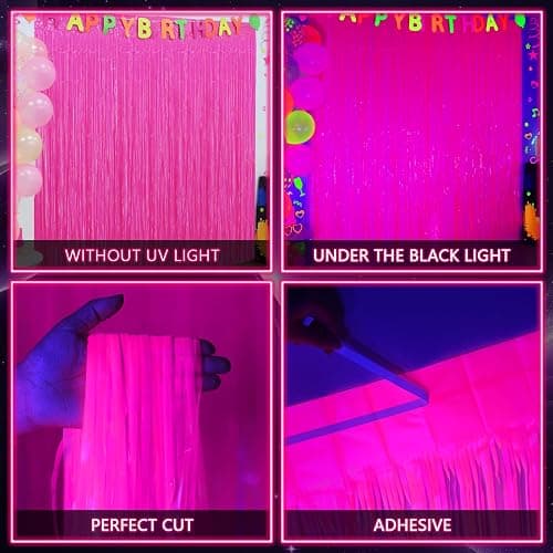 Mega-L Glow in The Dark Party Supplies, 2 Pack Neon Party Decorations 3.3 x 6.6 ft Fluorescent Macaron Fuchsia Tinsel Foil Fringe Curtains, Photo Booth Prop Backdrop Streamer, Birthday Party Decor thumbnail 3