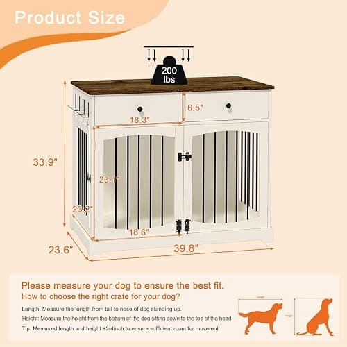 BREEZEHEAT 40 inch Dog Crate Furniture-Farmhouse Dog Kennel with Drawers-End Table Wooden Pet Crate, Double Door Design, Decorative Dog House Indoor for Small Medium Large Dog, White thumbnail 7