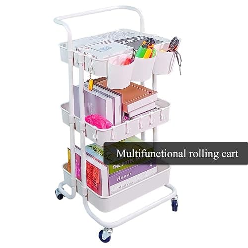 Lontenrea 3-Tier Rolling Cart Utility Storage Shelves Cart with 3 PCS Hanging Cup and 8 PCS Hook (White) thumbnail 3