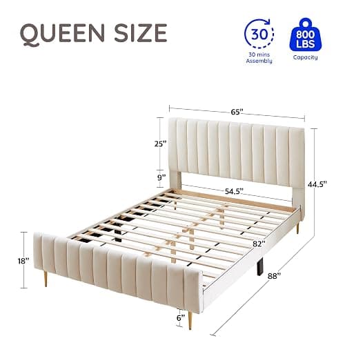 Livinia Queen Size Elton Velvet Platform Bed, Upholstered Bed Frame with Vertical Channel Tufted Headboard Footboard, Strong Wood Slats, No Box Spring Needed, Ivory (Queen) thumbnail 2