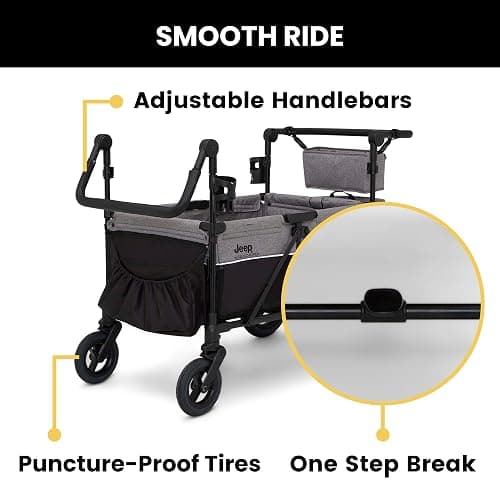 Jeep Wrangler Deluxe 4 Seater Stroller Wagon by Delta Children - Premium Quad Stroller Wagon for 4 Kids with Convertible Seats, Adjustable Push/Pull Handles, Removable Canopy & Flat Fold, Grey thumbnail 8