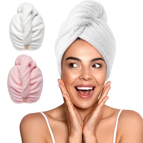 YFONG 2 Pack Microfiber Hair Towel Wrap for Women, Super Absorbent Quick Dry Hair Turban for All Hair Style Anti Frizz, Large Hair Drying Towel with Button - Image 1