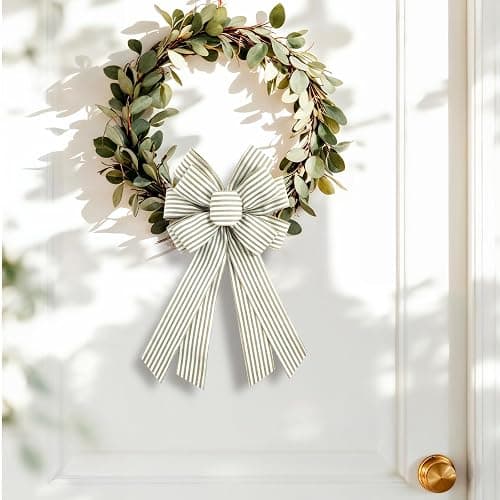 chmacura Natural Burlap Wreath Bow 20 x 11 Inches Easter Bows Light Khaki Stripes Ribbon Bow Carnival Farmhouse Bow Tree Ornament for Home Front Door Decorations thumbnail 2