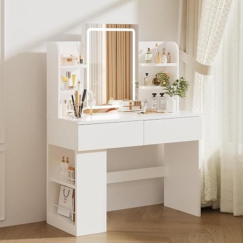 Airfish Dressing Table with LED Light,Vanity Desk with Mirror and Concealed LED Light Strip, MakeUp Desk with Two Drawers and One Sideboard,Modern (White, 90 x 40 cm) - Image 1