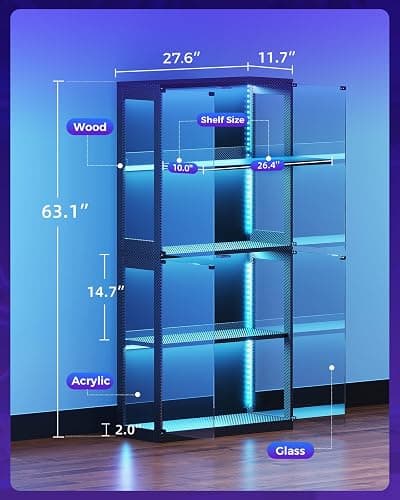 AODK Display Case with RGB Lights, 4-Tier Display Cabinet with Glass Doors and Storage Shelves, Glass Display Cabinet Shelf for Collectibles, Black Curio Cabinet for Game Room thumbnail 2
