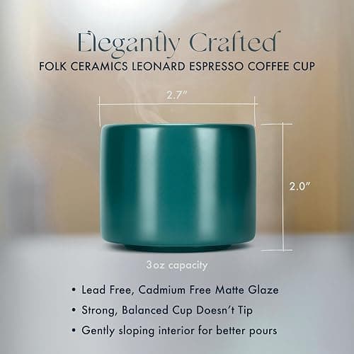 Folk Ceramics Leonard Ceramic Espresso Cups | Modern Stackable Demitasse Mugs for Espresso | Thick Walled, Handleless, Durable, Dishwasher & Microwave Safe | Set of 2, 3oz | Blue Emerald thumbnail 3