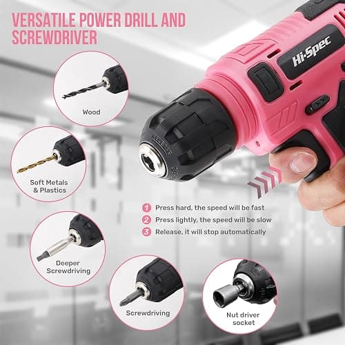 Hi-Spec 8V Cordless Drill Set & Tool Kit for Women – Ladies Complete Rechargeable Electric Power Drill Driver with Starter Tools, Compact Hand Toolbox, Pink, Ideal for Home Projects thumbnail 2