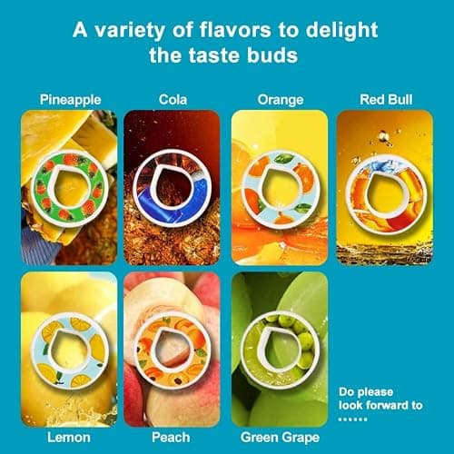 FQQPMS 7 x Aromatic Capsules for Air Water Bottles - 0 Calories Sugar - Aromatic Capsules: Pineapple, Cola, Orange, Red Bull, Lemon, Peach, Green Grapes thumbnail 4