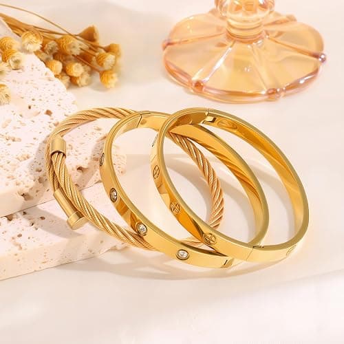 Camhanno Gold Bracelets for Women - Stackable Bangles with Love & Friendship Theme - Stainless Steel Jewelry Gift for Her thumbnail 9