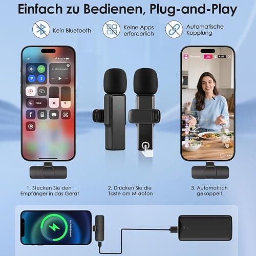 Kabelloses-Mikrofon-Handy for iPhone/Android/Computer PC Mini-Mikrofon Wireless Lavalier Microphone Kabellos Ansteckmikrofon Klein für Streaming, Videoaufnahmen, Interviews, YouTube, TikTok, Vlog thumbnail 3
