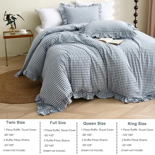 Silnuo Light Blue/White Gingham Plaid Ruffle Duvet Cover Set Full Size | 100% Washed Cotton 3 Pcs Vintage Checkered Chic Farmhouse Bedding Set Comforter Cover Set(Full,Light Blue/White) thumbnail 2