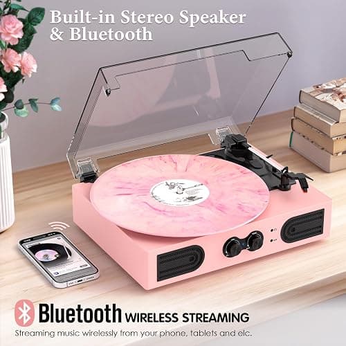 Vinyl Record Player with Built-in Speakers 3-Speed Vintage Record Player Support Treble& Bass Control, 3.5mm Headphone Jack, RCA-Out/Aux in, Belt-Driven LP Turntable,Pink thumbnail 2