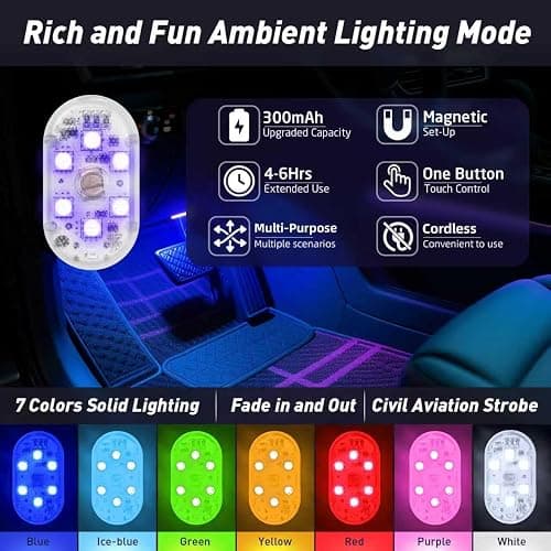 Wireless Car Led Interior Lights 4PCS, 7 Colors Under Dash Lights Touch, Wireless Led Lights for Car, Rechargeable Led Anti-Collision Strobe Lights for Motorcycle, Drones, E-Bikes, Home, Truck thumbnail 5