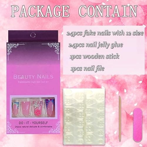 FIEONCIY Press on Nails Duck Shaped Glossy Full Cover Acrylic Duck False Nails with Designs Artificial Medium Duck Shaped Fake Nails with Charms Glue ons Fingernails for Women Girls(CC20) - French and Star Gems Rhinestone thumbnail 4