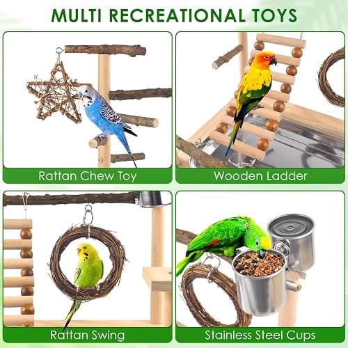 KATUMO Bird Playground - Natural Wooden Perches Parakeet Ladder Conure Swing Bird Cage Accessories with Removable Tray & 2 Stainless Steel Cups thumbnail 4
