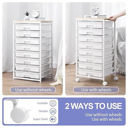 SYKIARIOL Rolling Storage Cart with Drawers,Utility Cart With 8 Drawers and Wooden Tabletop,Rolling Drawer Cart,Storage Drawer Cart for Living Room,Classroom,Bedroom,Bathroom,Dorm,Office,White - White thumbnail 4