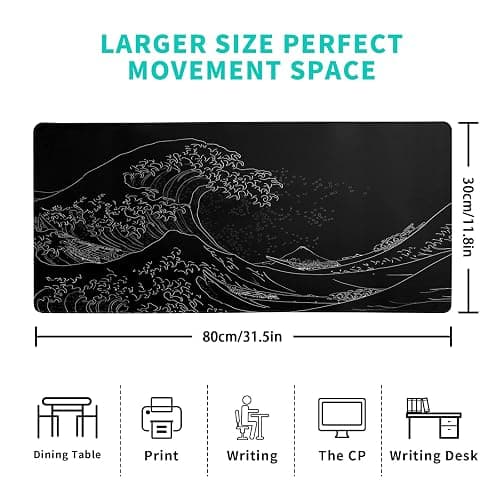 Brecoy Japanese Sea Wave Large Mouse Pad, Anime Black Gaming, Extended Kanagawa Mat Desk Pad, 3mm Thick Long Non-Slip Rubber Base Mice Pad, 31.5 X 11.8 Inch thumbnail 3