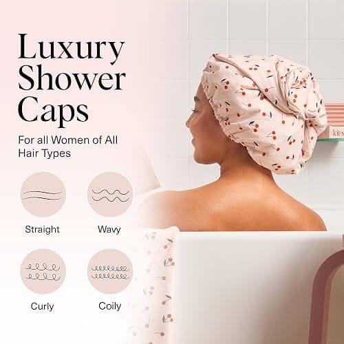 Kitsch Luxury Shower Caps for Women Reusable Waterproof - Flexi Satin Lined, Large Shower Cap for Men, Non-slip, Quick-dry, Adjustable, Stylish Hair Cap for Long & Short Hair - Cherry Print thumbnail 6