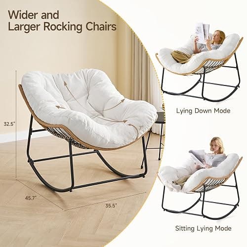 ONBRILL Outdoor Rocking Chairs, Oversized Papasan Rocking Chair Indoors with Padded Cushions, Rattan Wicker Lounge Chair for Living Room, Porch, Patio, Garden thumbnail 3