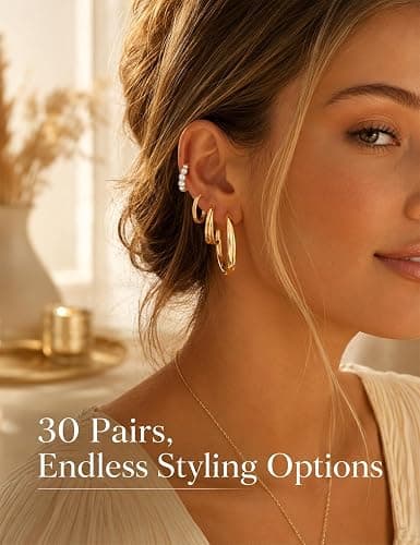 30 Pairs Gold Hoop Earrings Set for Women, Hypoallergenic Pearl Twisted Statement Hoops Multipack, Small to Chunky Hoop Earrings for Women Trendy Jewelry Gifts thumbnail 7