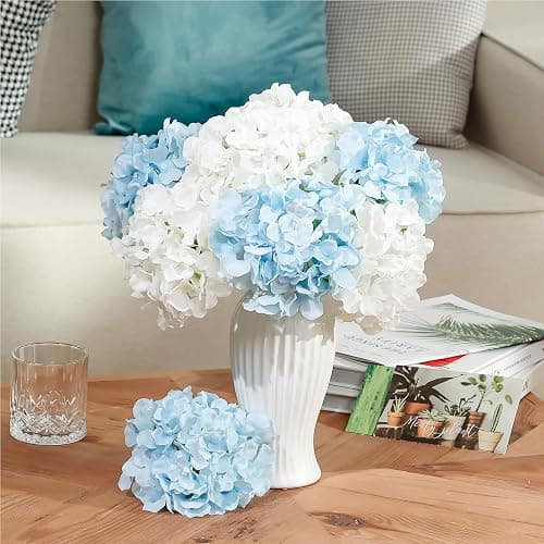 Auihiay 10PCS Hydrangea Artificial Flowers, Faux Blue Flowers | for Wedding Centerpieces, DIY Bouquets, Bridal Shower, Floral Decor Home Decoration with Stems thumbnail 6
