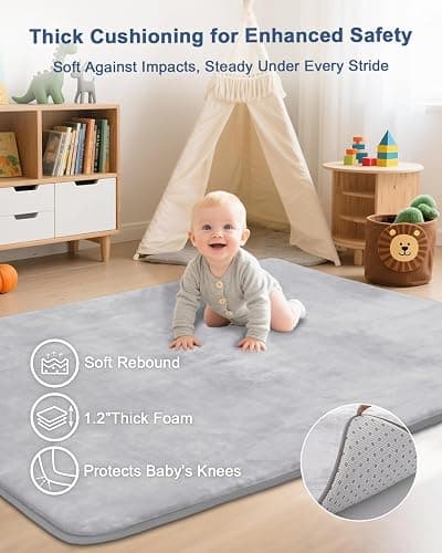 SEPARO Thick Baby Play Mat for Floor,Padded Foam 59x59 Playpen Mat,Ultra Soft Support&Plush Feel Nursery Rug,Non Slip for Toddler, Infants,Kids Play,Yoga,Baby Crawling,Tummy Time(Light Grey) thumbnail 2