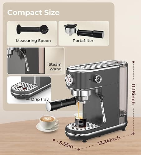 atatix 20 Bar Espresso Machine with Milk Frother, Compact Espresso Maker, Stainless Steel Coffee Machine with Precise Temp Control & 44oz Removable Water Tank for Latte, Cappuccino, Dark Grey thumbnail 2