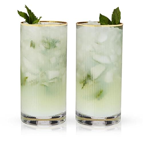 Viski Meridian Highball Glasses Set of 2 - Vintage Drinking Glass, Art Deco Ripple Glassware Design, 15oz Gold Rimmed Collins Glasses Set thumbnail 12