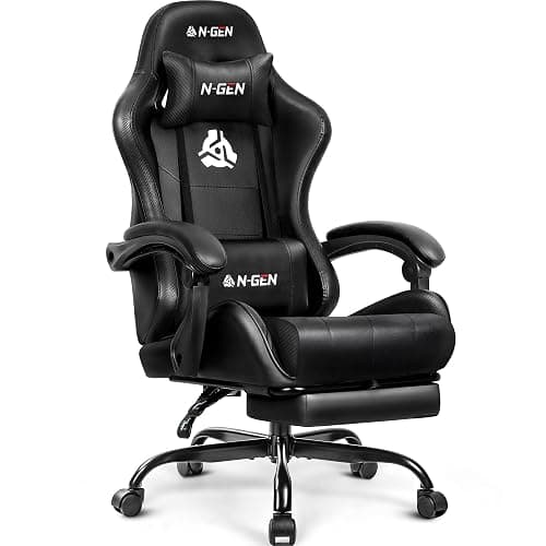 N-GEN GAMING Video Gaming Chair with Footrest Lumbar Support for Home Office High Back Recliner Height Adjustable Ergonomic Comfy Leather Computer Desk Chair (Black) - Image 1