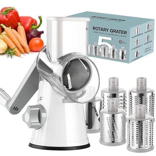 Ourokhome Rotary Cheese Grater Hand Crank, Kitchen Shredder Speed Mandolin Slicer Ice Shaver with Handle and Drum Blades for Cheese, Vegetable, Nuts, Chocolate, Potato, Carrot, 5 Blades, White - Image 1