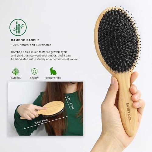 BESTOOL Hair Brush-Boar Bristle Hair Brushes Natural Bamboo Wooden Cushion Massage Anti Static Large Paddle Hairbrush for Women Men and Kid (Round) thumbnail 3