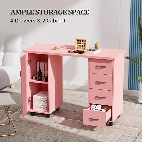 OmySalon Manicure Table Nail Desk with Cabinet, Drawers, Wheels & Wrist Rest, Spa Salon Beauty Home Wooden Technician Workstation for Nail Tech, Pink thumbnail 4