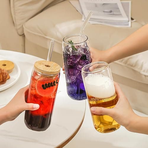 SENTVEND 20 Oz Drinking Glasses with Bamboo Lids and Glass Straw - 8 Pcs Glass Cups Beer Ice Coffee Glasses Cute Aesthetic Cup Great for Coffee Bar Accessories Include 2 Cleaning Brushes thumbnail 4