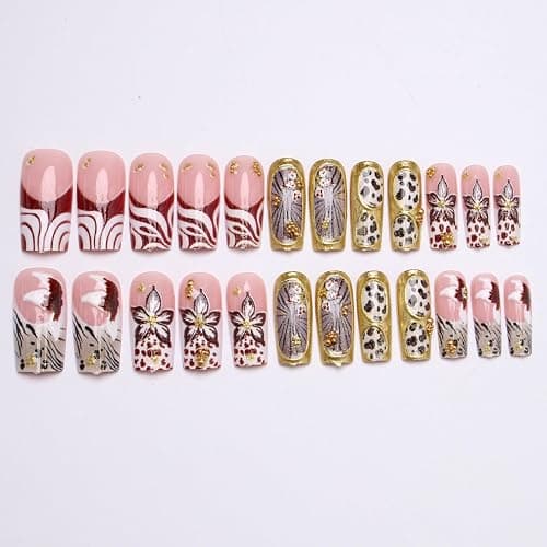 Medium Square Press on Nails Fake Nails Artificial Nail Stick on Nail for Women, Leopard Flower & Line Patterns with Gold Glitter thumbnail 3