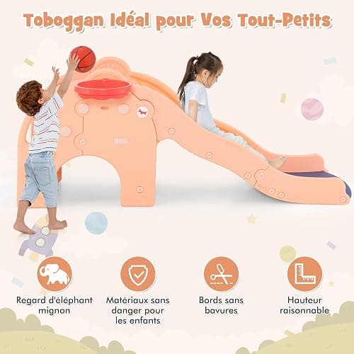 COSTWAY 4 en 1 Toboggan Enfant en Forme Éléphant avec Panier de Basketball, Toboggan Extérieur Intérieur en HDPE avec Ballon, Aire de Jeux pour Glisser & Grimper, Charge 50kg pour 18 Mois+(Rose) thumbnail 6