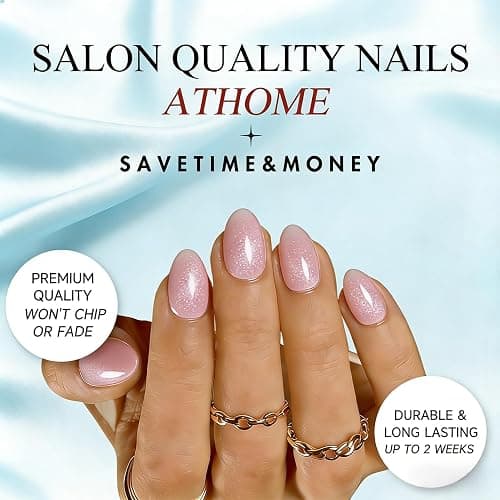 JOYVVEW Cat Eye Press on Nails Short - Glitter Ombre Pink Press On Nails Oval, Chrome Fake Nails with Shimmer Finish, Sturdy Quality, Reusable Almond Stick On Nails for Women, 30 Pcs 15 Sizes thumbnail 4