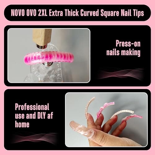 NOVO OVO Curved Nail Tips Press on Full Cover, Extra Curve Square Gel x Thick Long XL XXL Acrylic Fake Nails Extension kit, Clear Pre-etched Soft French False Nail 12 Sizes 240pc (QUEEN SQUARE PRO) - XXL QUEEN SQUARE PRO thumbnail 2