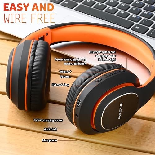 WorWoder Wireless Headphones Over Ear, 80 Hours Playtime Bluetooth Headphones, Hi-Fi Stereo Sound with Microphone, Lightweight Headset with Deep Bass for Travel Work PC Cellphone（Black-Orange） thumbnail 7