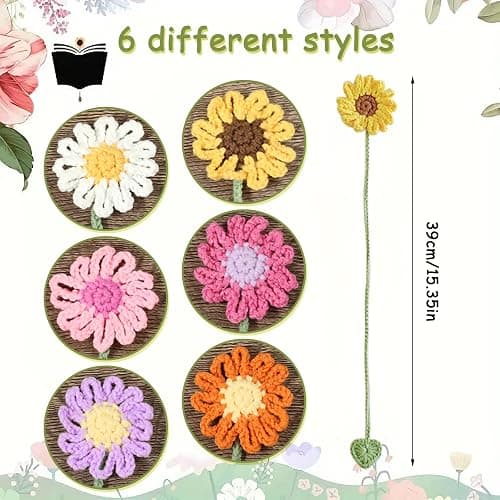 6 Pack Flower Crochet Bookmarks,Daisy Sunflower Bookmark for Women Personalized Crochet for Book Lovers and Teachers thumbnail 3