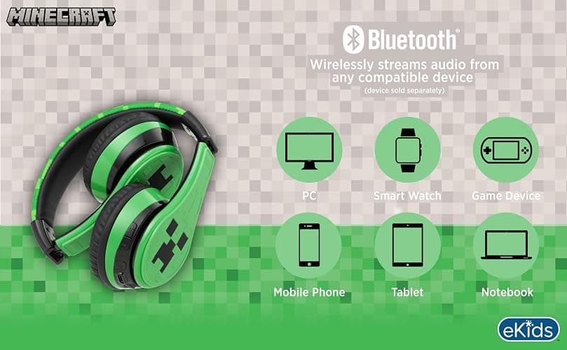 eKids Minecraft Kids Bluetooth Headphones, Wireless Headphones with Microphone Includes Aux Cord, Volume Reduced Kids Foldable Earphones for School, Home, or Travel thumbnail 7