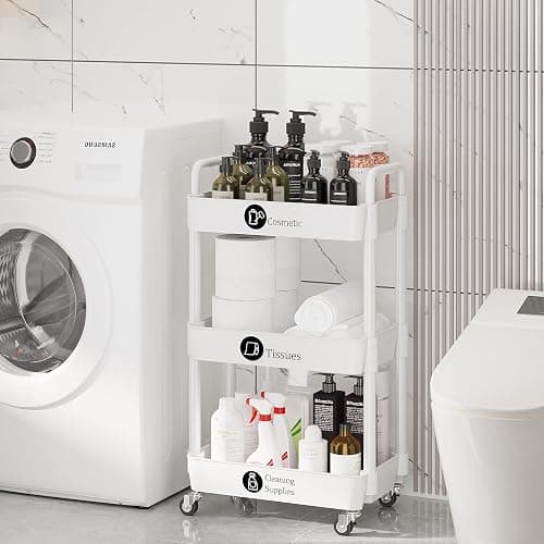 Laiensia 3-Tier Rolling Cart with Wheels,Multifunction Utility Storage Carts, Kitchen Storage Organizer,Mobile Shelving Unit for Bathroom,Laundry,with Classified Stickers,White thumbnail 6