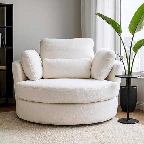 Aortzio 49.6''W Swivel Accent Barrel Chair, Oversized Teddy Fabric Upholstered Round Single Couch Sofa with 4 Pillows for Living Room, Apartment, Bedroom (Ivory). - Image 1